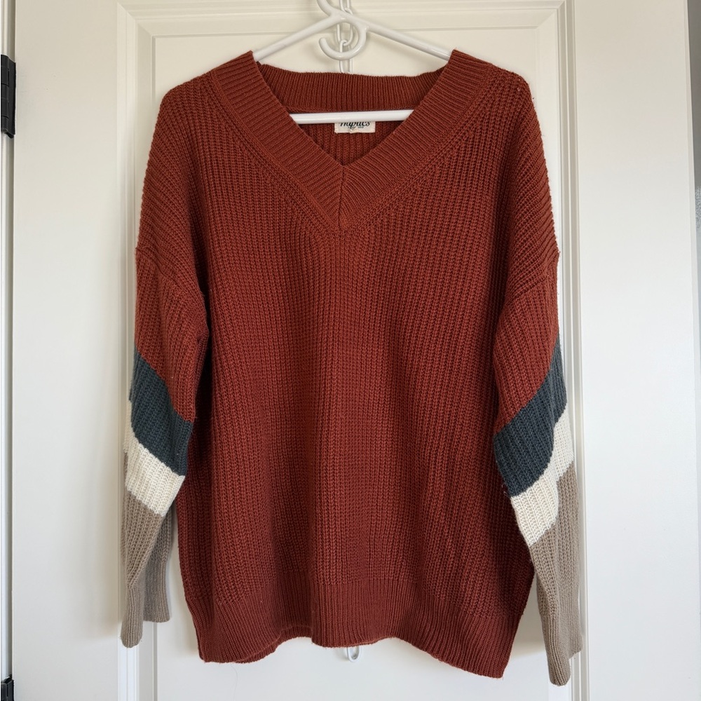 Urban Outfitters Haptics V Neck Rust Red Knit Sweater with Color Block Sleeves